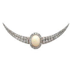 Antique Victorian 4.75Ct Cabochon Cut Opal and 4.45Ct Diamond Gold Crescent Brooch