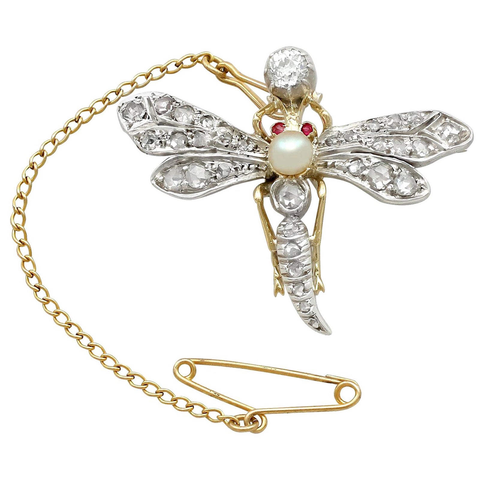 Broche libellule victorienne ancienne en or jaune, diamant, perle et rubis