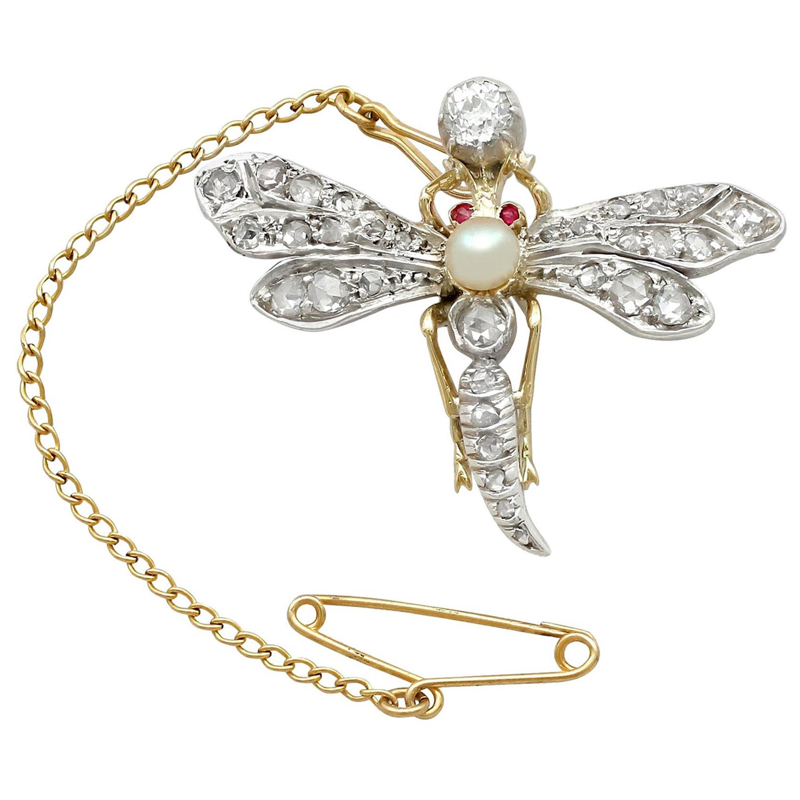Victorian Diamond Pearl Ruby and Yellow Gold Dragonfly Brooch