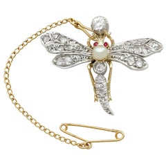 Antique Victorian Diamond Pearl Ruby and Yellow Gold Dragonfly Brooch