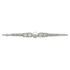 Vintage 1960s Pearl and 1.45 Carat Diamond White Gold Bar Brooch