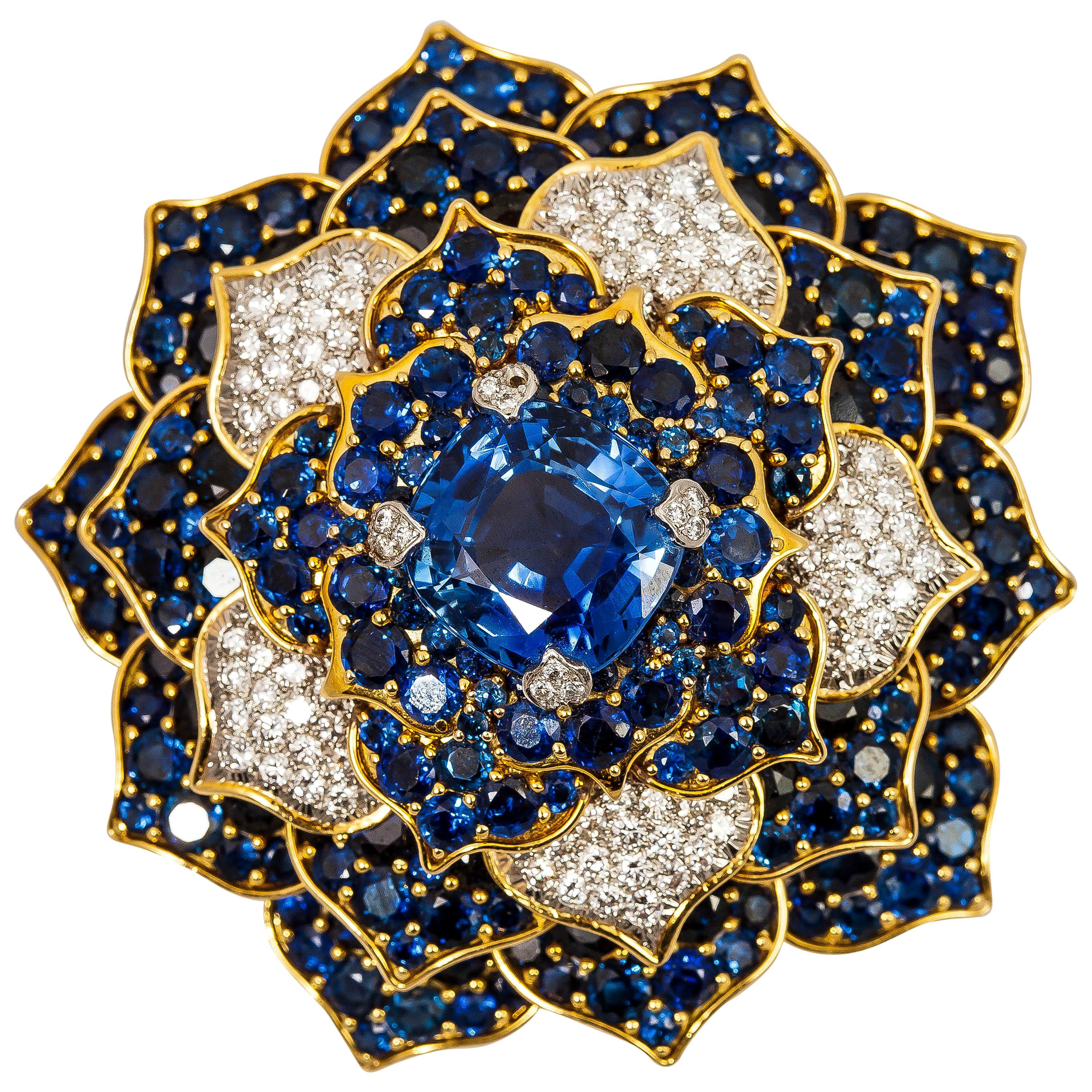 Verdura Gorgeous Sapphire Diamond Gold Flower Brooch