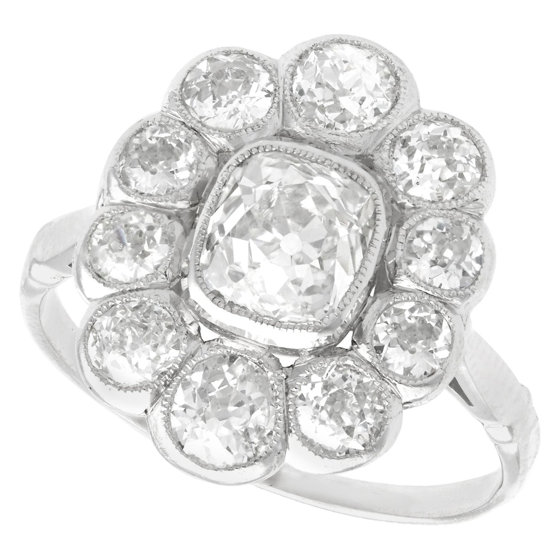 3.07 Carat Diamond and Platinum Cluster Ring For Sale