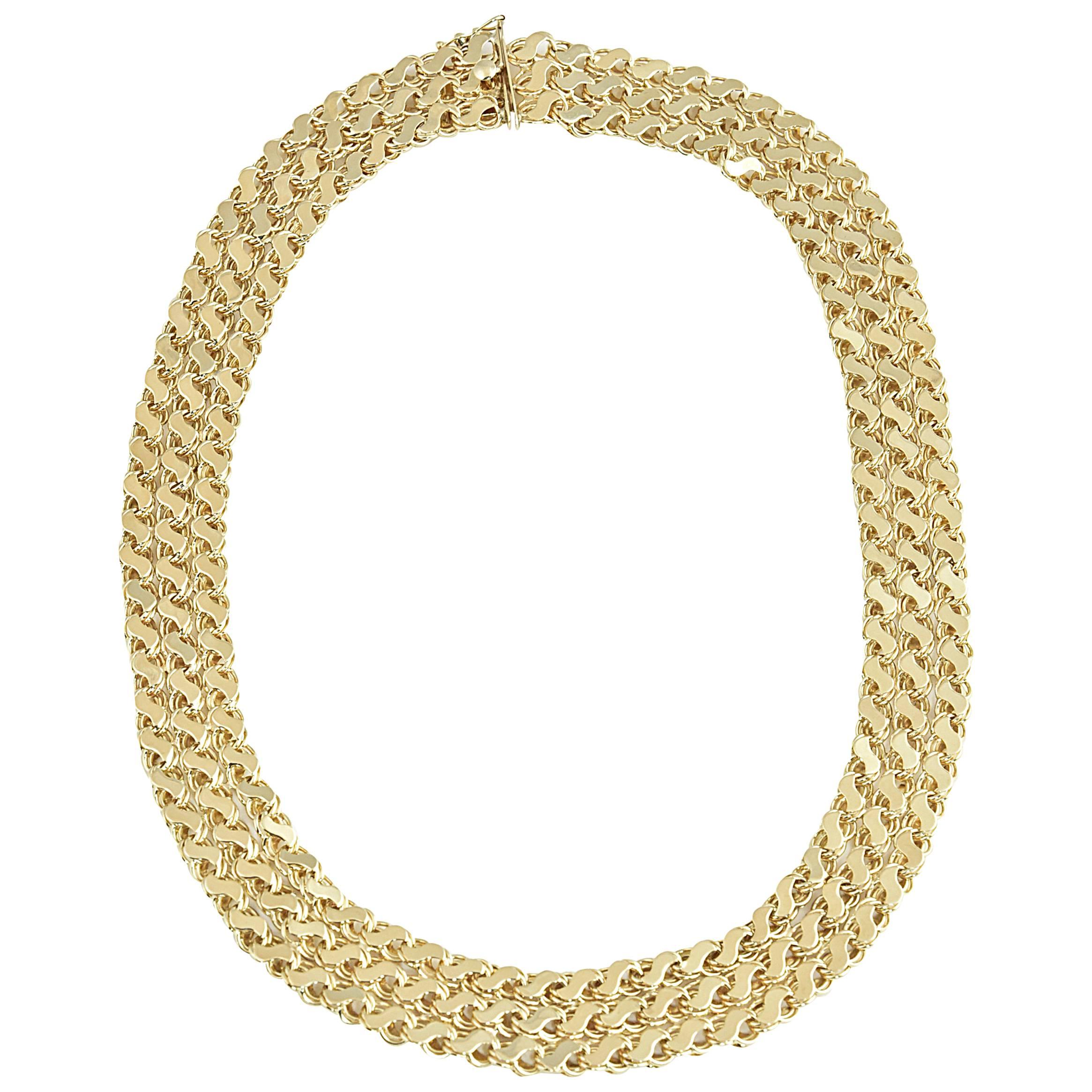 Mid Century Wide Triple Row Interwoven Gold S Link Chain Necklace