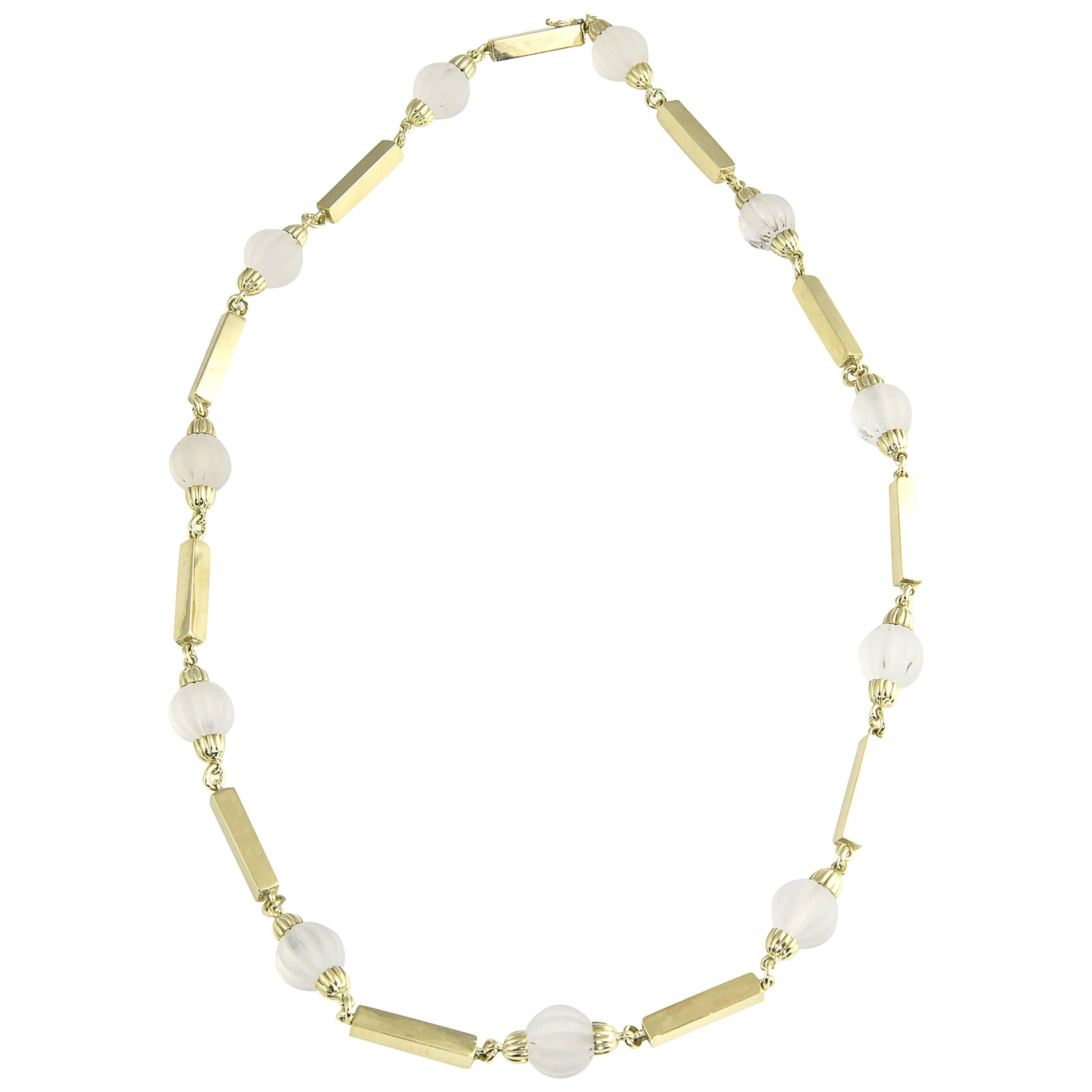 1970s La Triomphe Rock Crystal Fluted Beads and Gold Bar Necklace