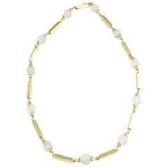 1970s La Triomphe Rock Crystal Fluted Beads and Gold Bar Necklace