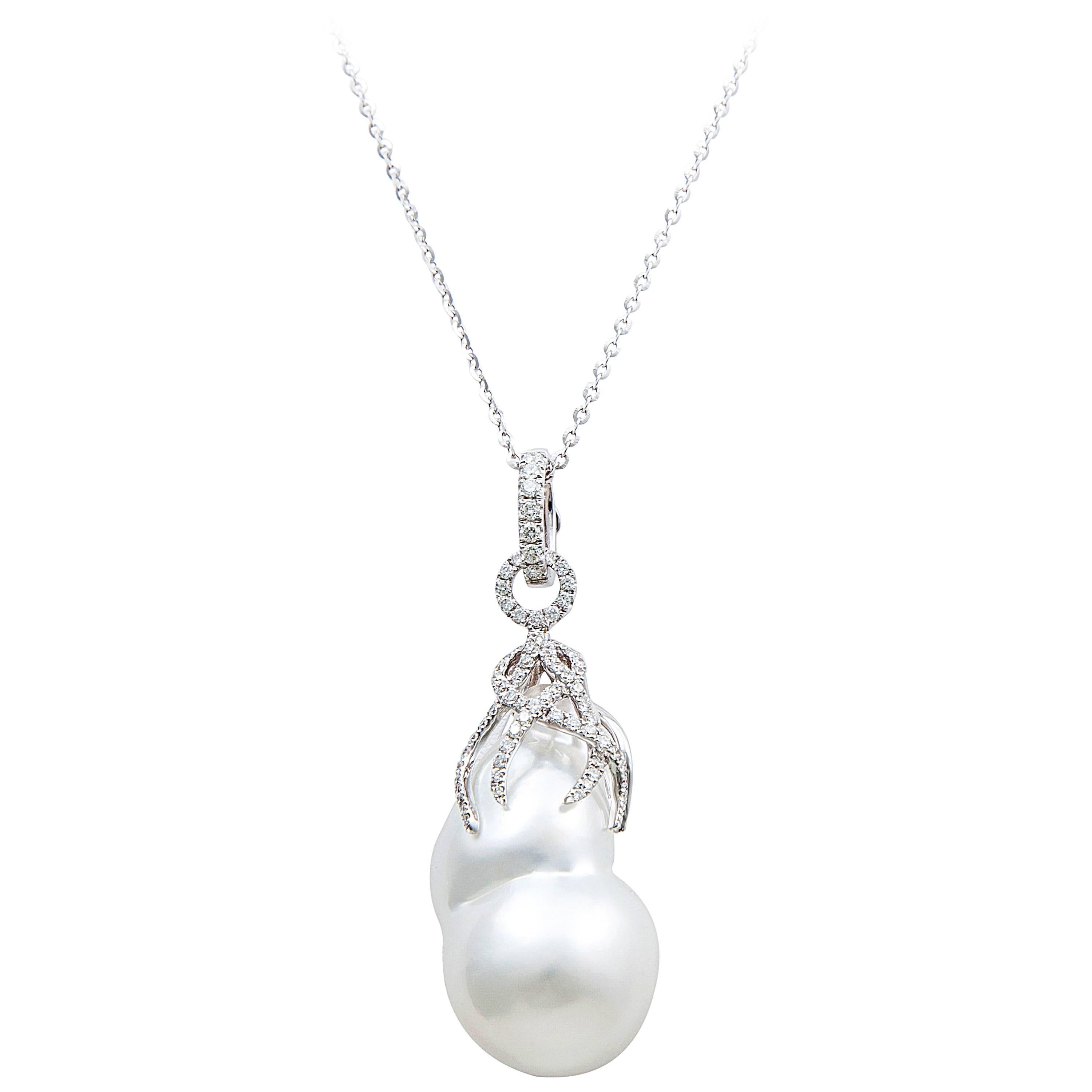 Baroque White South Sea Pearl, White Diamond and Gold Pendant Necklace For Sale