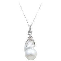 Baroque White South Sea Pearl, White Diamond and Gold Pendant Necklace
