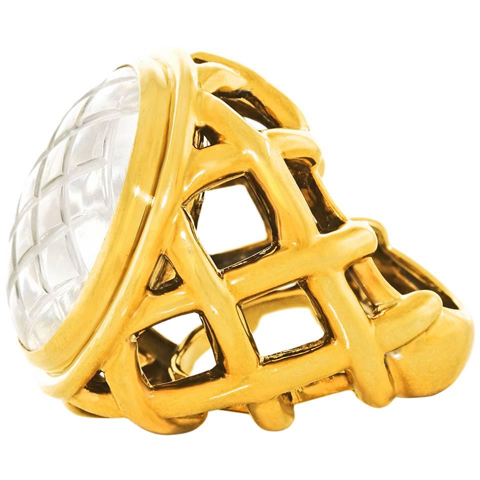 David Webb Rock Crystal Gold Dome Ring