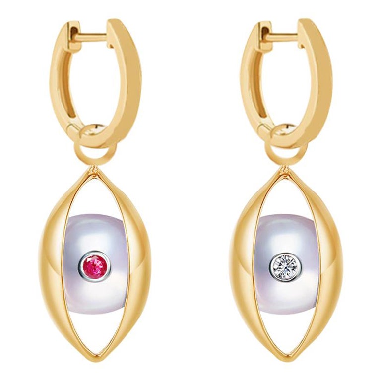 Eye Hoop Earrings 18 Karat Yellow Gold Akoya Pearls Ruby Diamond For Sale
