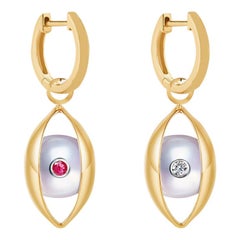 Eye Hoop Earrings 18 Karat Yellow Gold Akoya Pearls Ruby Diamond