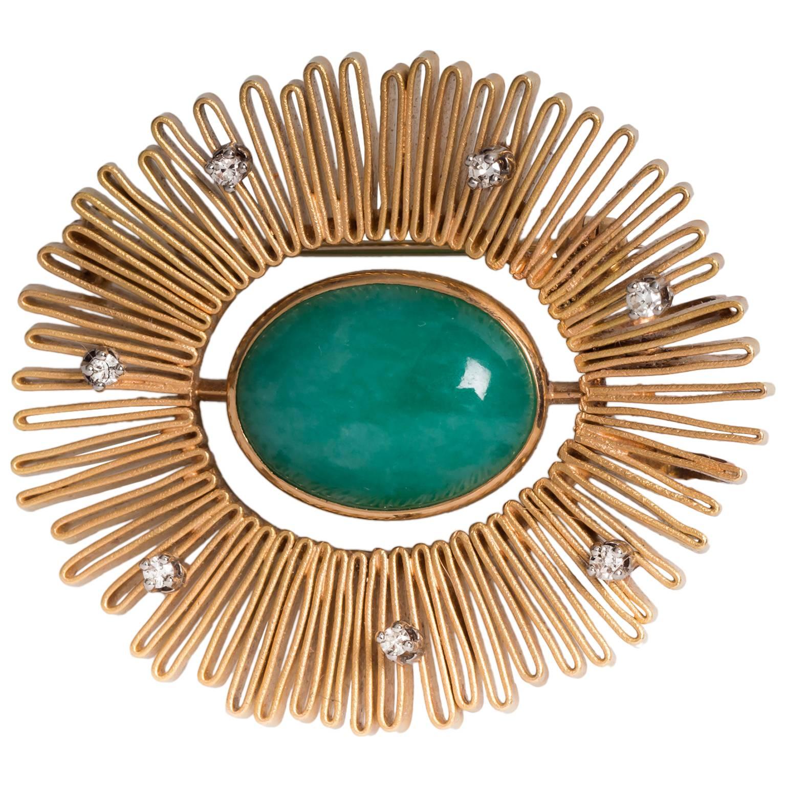 Mid-Century Jadeite Jade Gold Brooch Pin Pendant For Sale