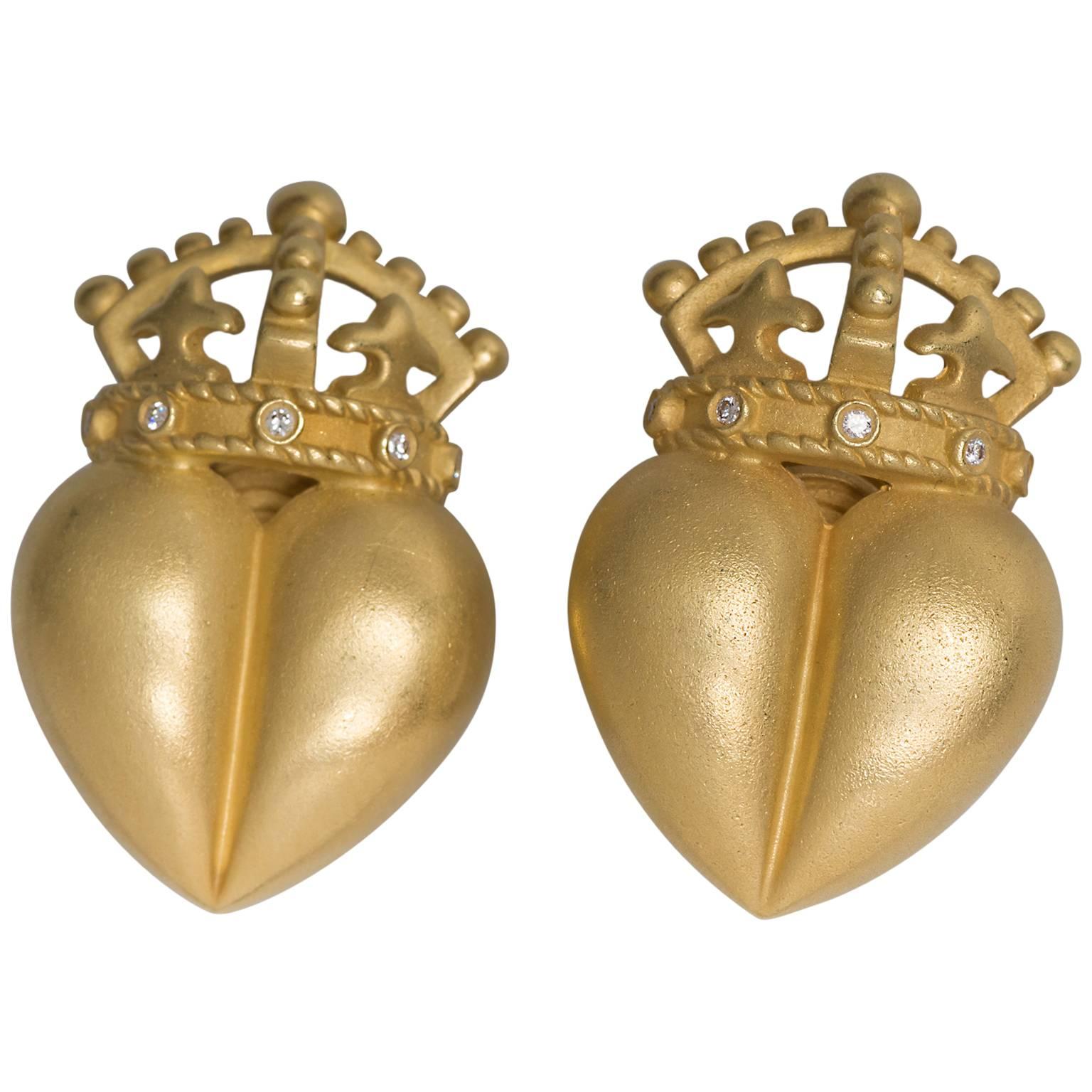 Barry Kieselstein Cord Diamond gold Trim Heart Crown Earrings