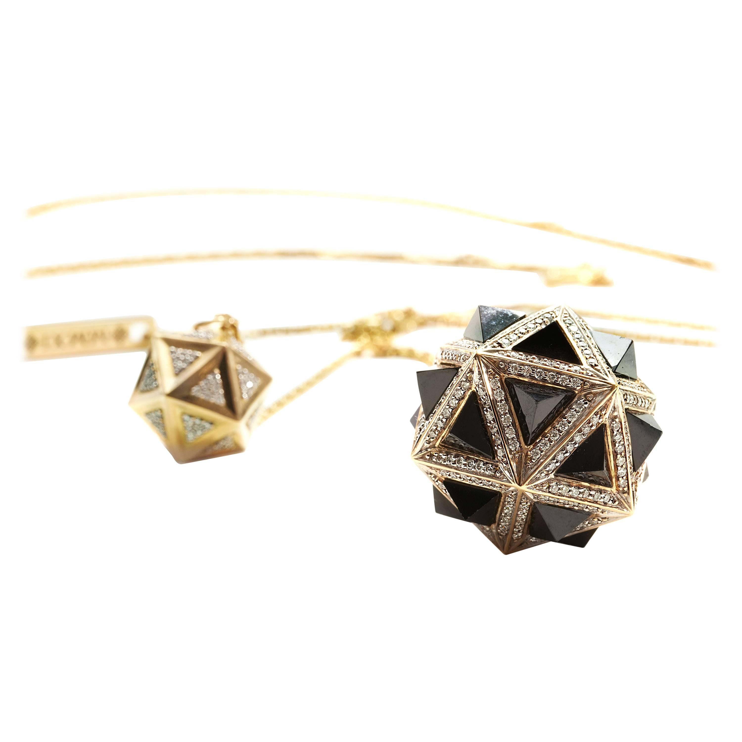  Icoso Diamond and Black Sapphire Pyramids 18K Gold Dual Pendant
