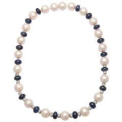Round Cultured Freshwater Pearl Blue Sapphire Bead Diamond Rondelle necklace 