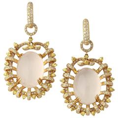A Very Stunning Drop Earrings of Moonstone, Diamonds and Yellow Sapphires