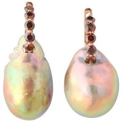 Pastel Freshwater Baroque Pearl Cognac Diamond Gold Hoop Earrings
