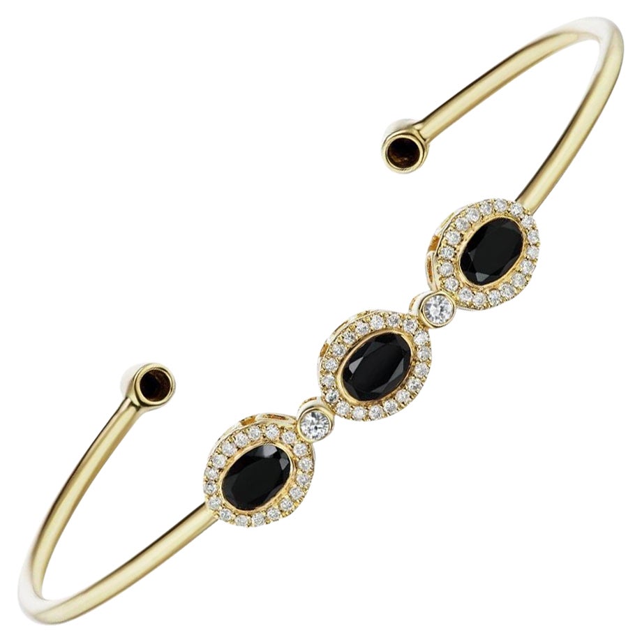 14 Karat Yellow Gold Black Spinel and Diamond Triplet Cuff with Diamond Accents For Sale