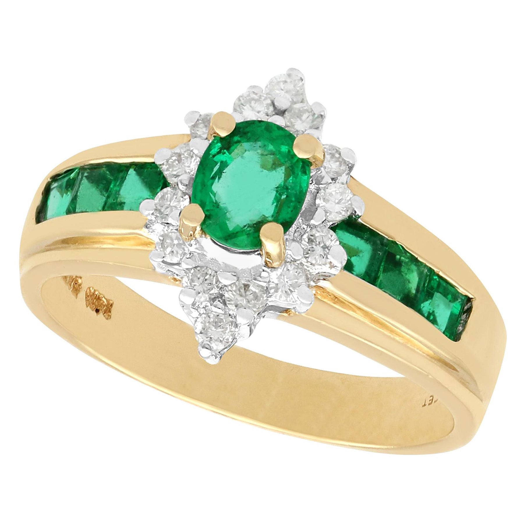 Vintage Oval Cut Emerald and Diamond Yellow Gold Cocktail Ring For Sale