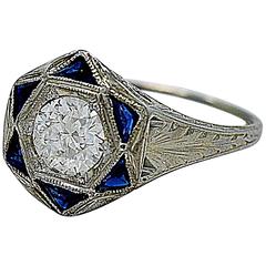 Antique Art Deco Sapphire Diamond Gold Engagement Ring