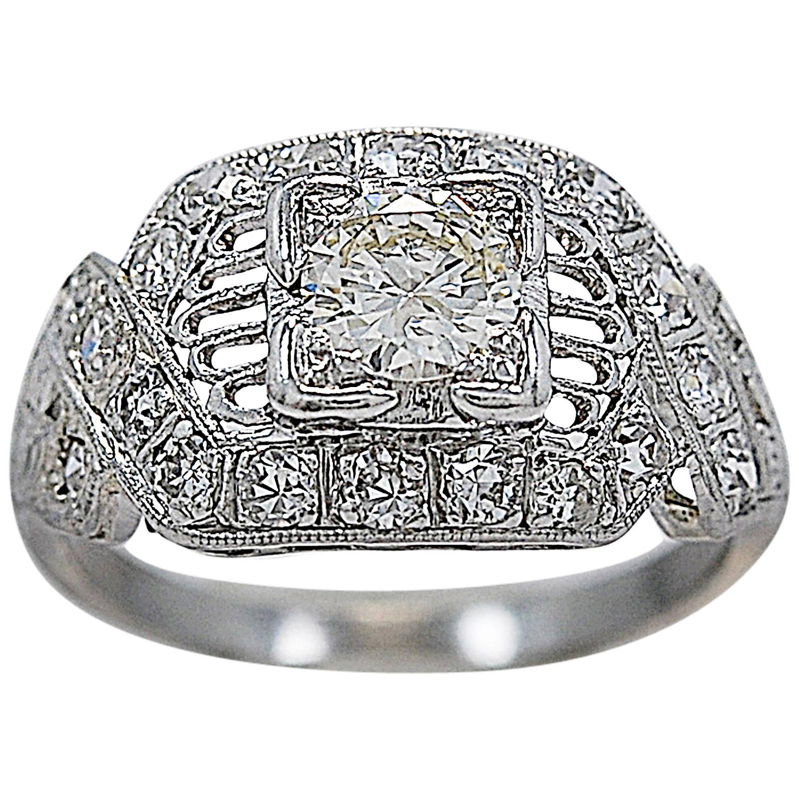 Art Deco .45 Carat Diamond Platinum Engagement Ring For Sale