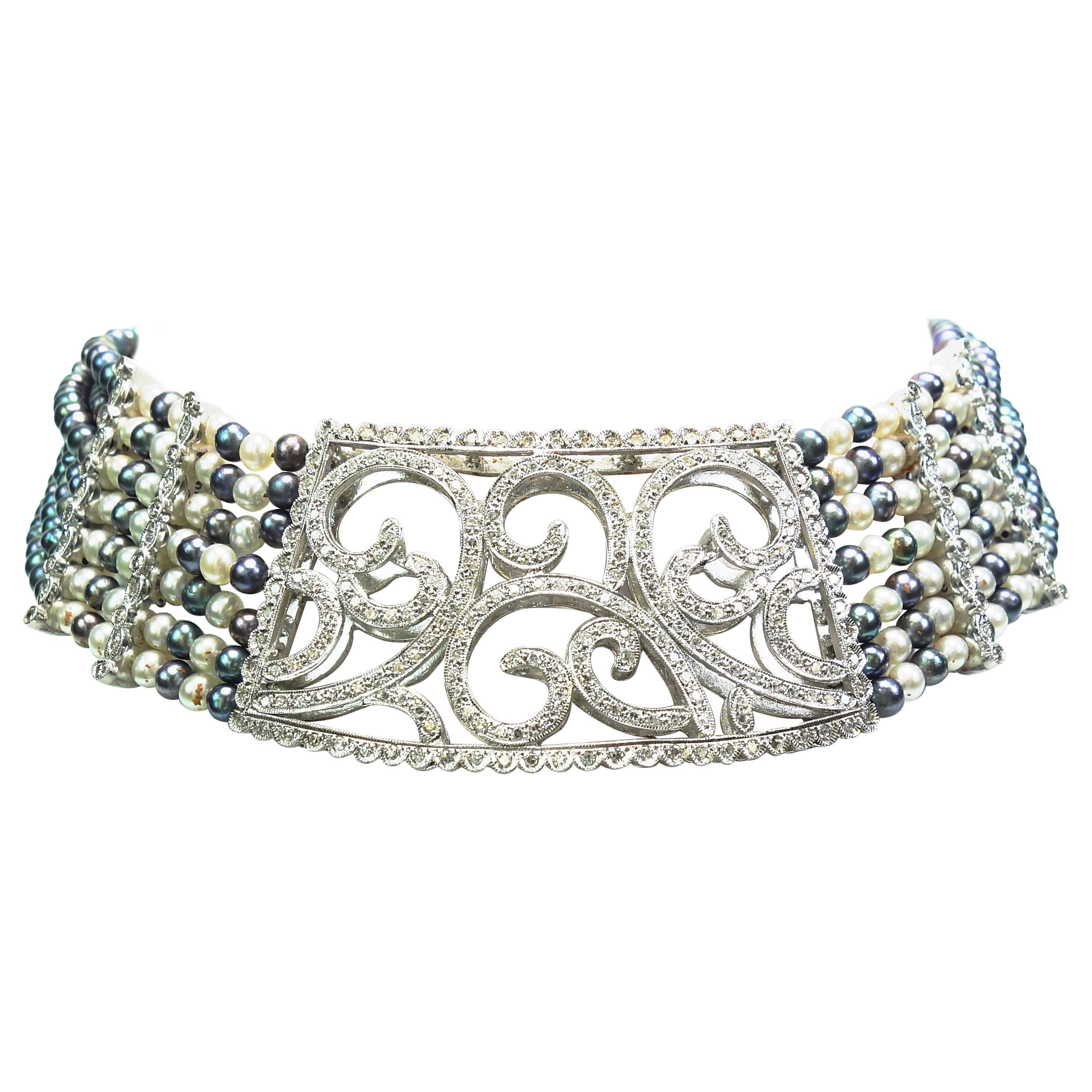 Cristina Ferrare Multi Strand Cultured Pearl Diamond gold Choker Necklace