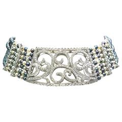 Vintage Cristina Ferrare Multi Strand Cultured Pearl Diamond gold Choker Necklace