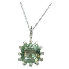 Contemporary Cushion Laser Cut Green Amethyst and Diamond Necklace