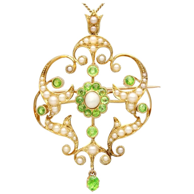 Antique 1.19 Carat Demantoid Garnet and Seed Pearl Yellow Gold Pendant Brooch For Sale