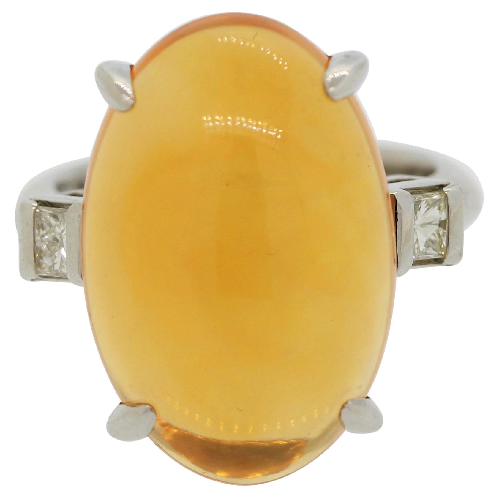 Fire Opal Diamond Platinum 3-Stone Ring For Sale