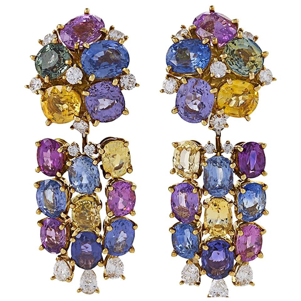 Meister Swiss 1980s Sapphire Diamond Gold Earrings