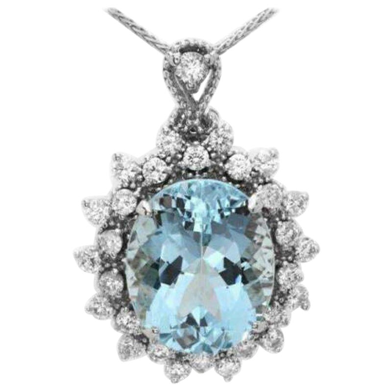 6.80ct Natural Aquamarine and Diamond 14k Solid White Gold Necklace For Sale