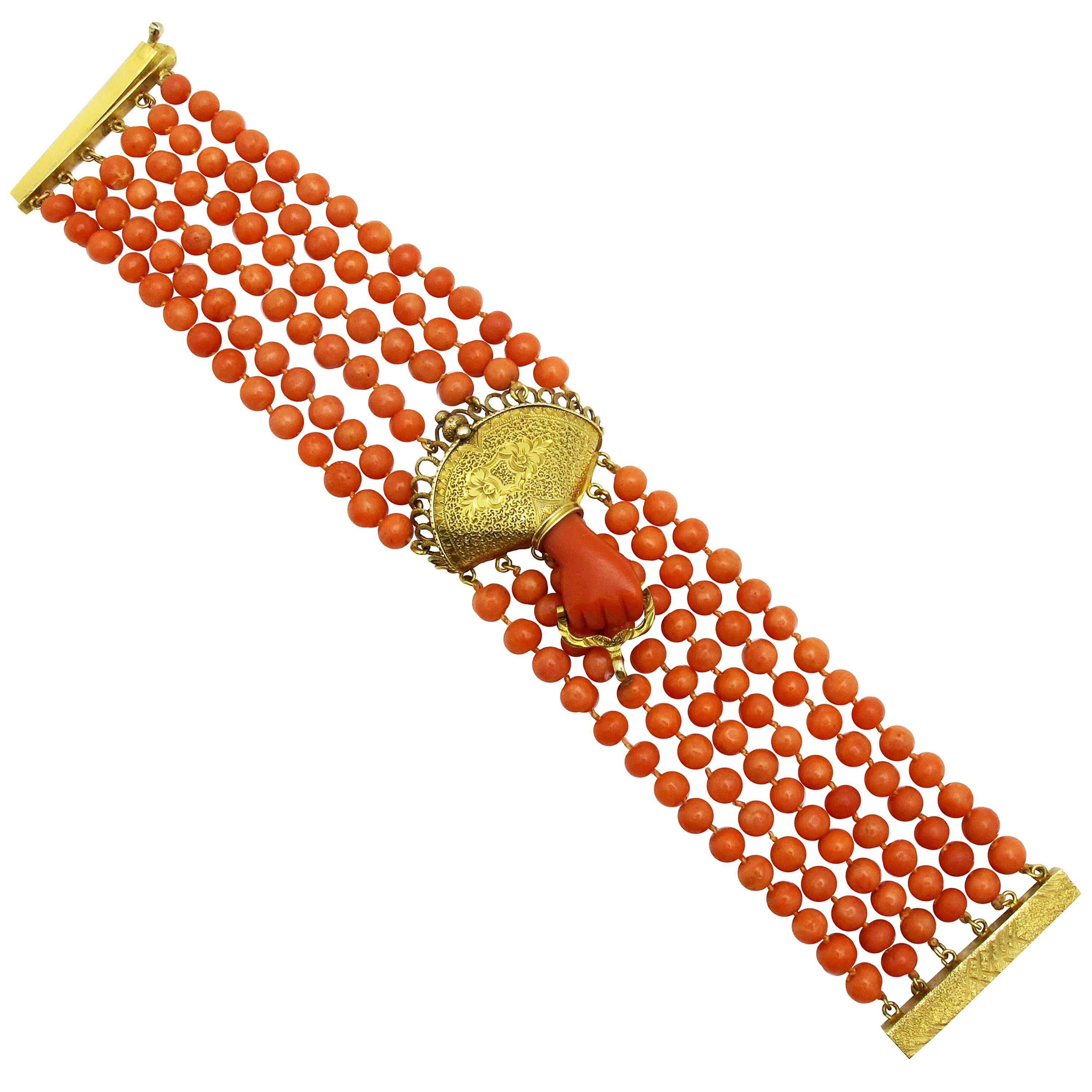 Victorian Coral Gold Bead Bracelet For Sale