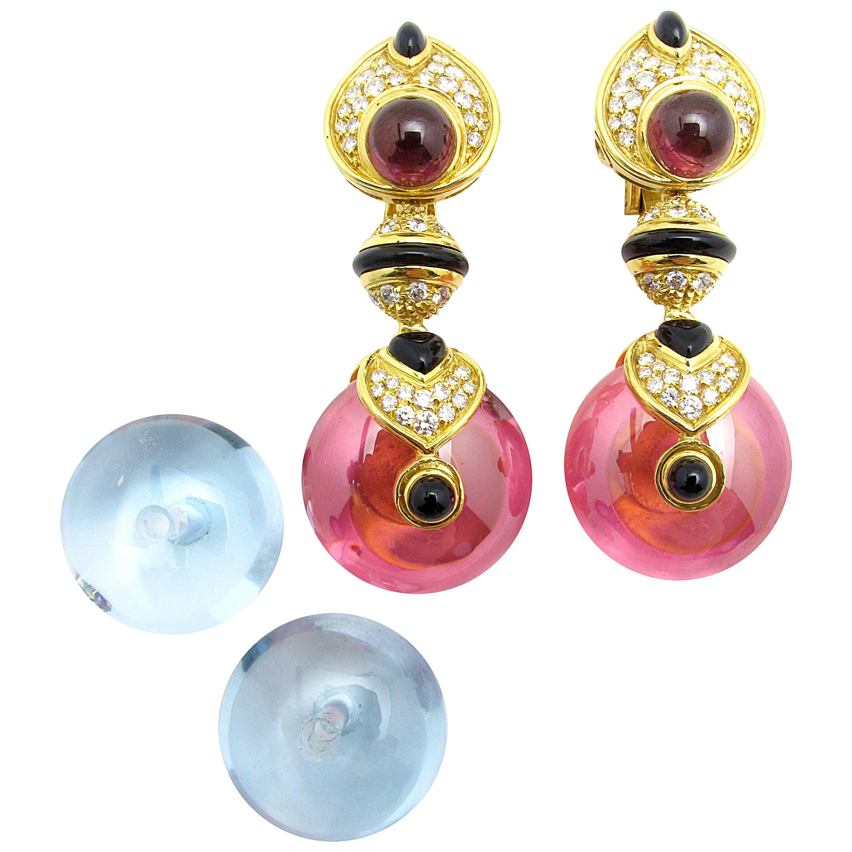 Marina B. Gemstone and interchangeable Crystal Drop gold Earrings