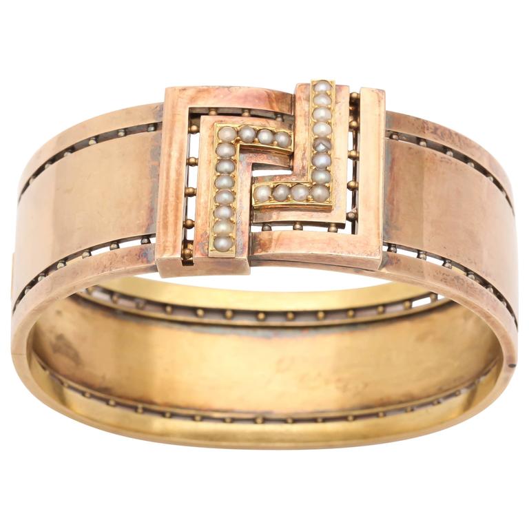 Persian Turquoise Pearl Gold Bangle Bracelet at 1stdibs