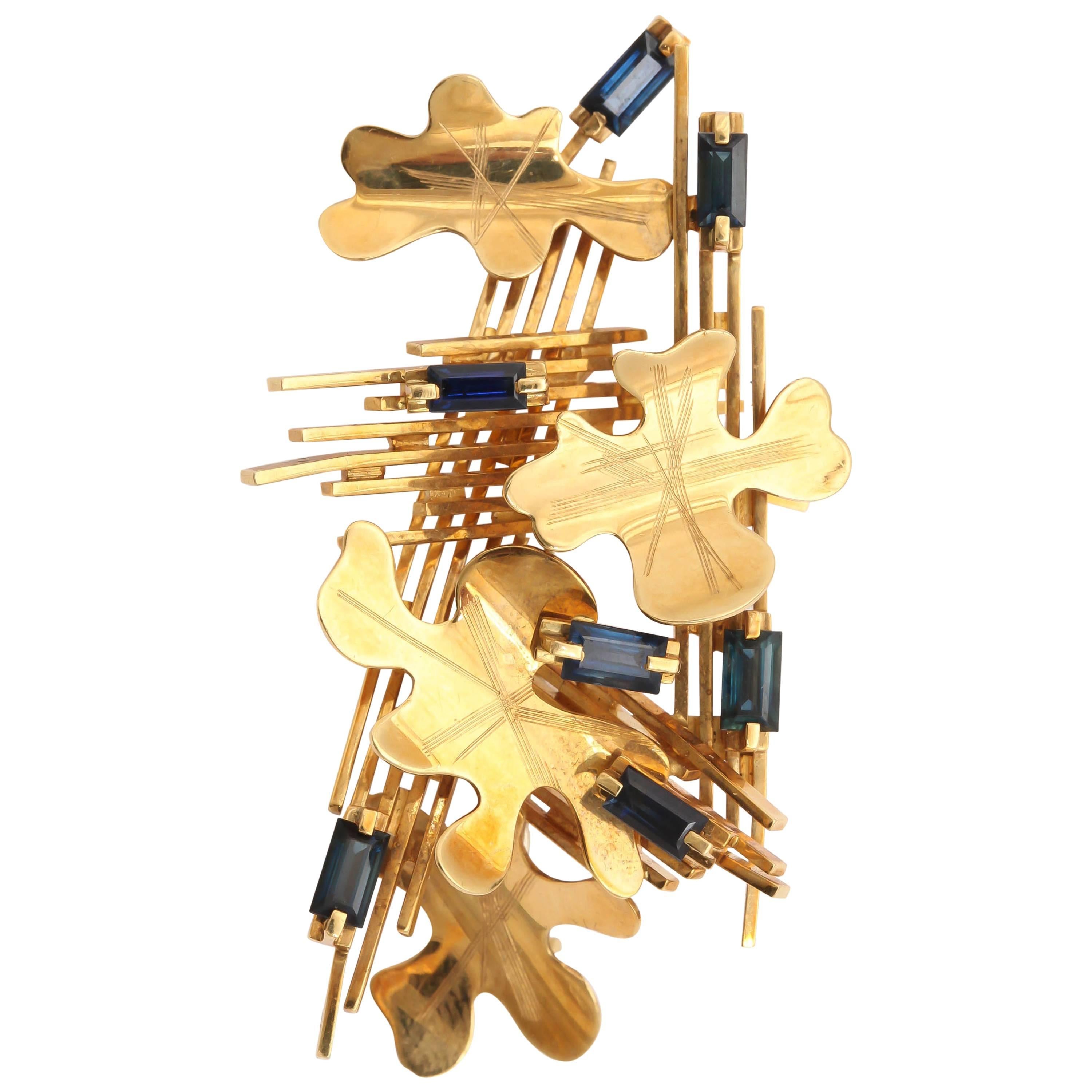 Abstract Sapphire Gold Leaf Brooch For Sale