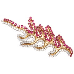 1950s Fabulous Ruby Diamond gold Leaf Brooch
