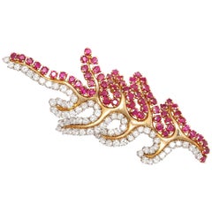 1950s Fabulous Ruby Diamond gold Leaf Brooch