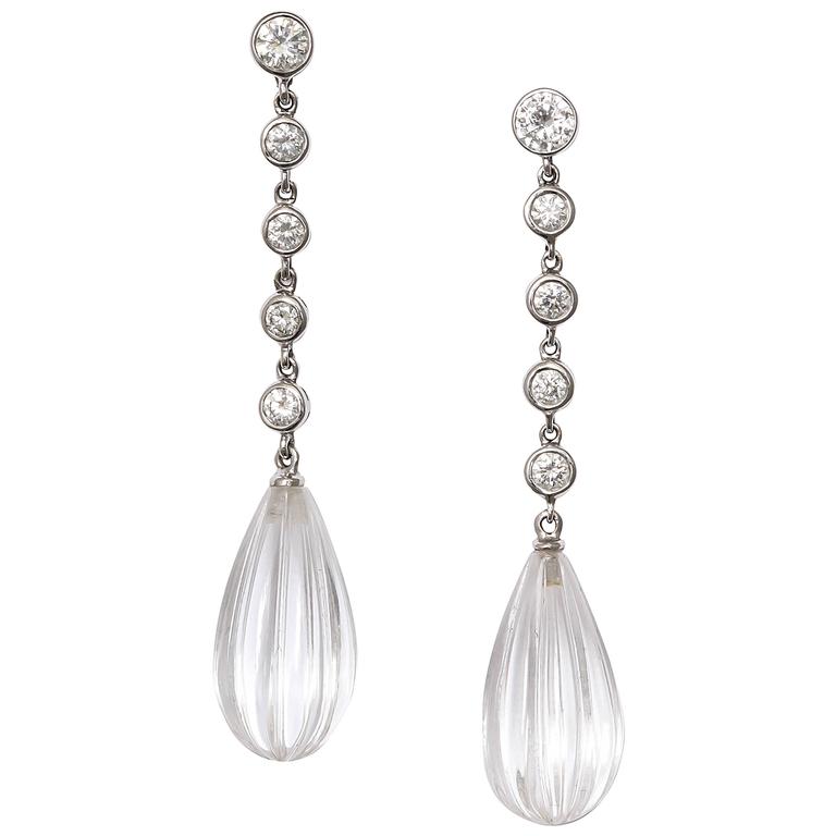 Carved Rock Crystal Bezel set Diamond Gold Drop Earrings at 1stDibs