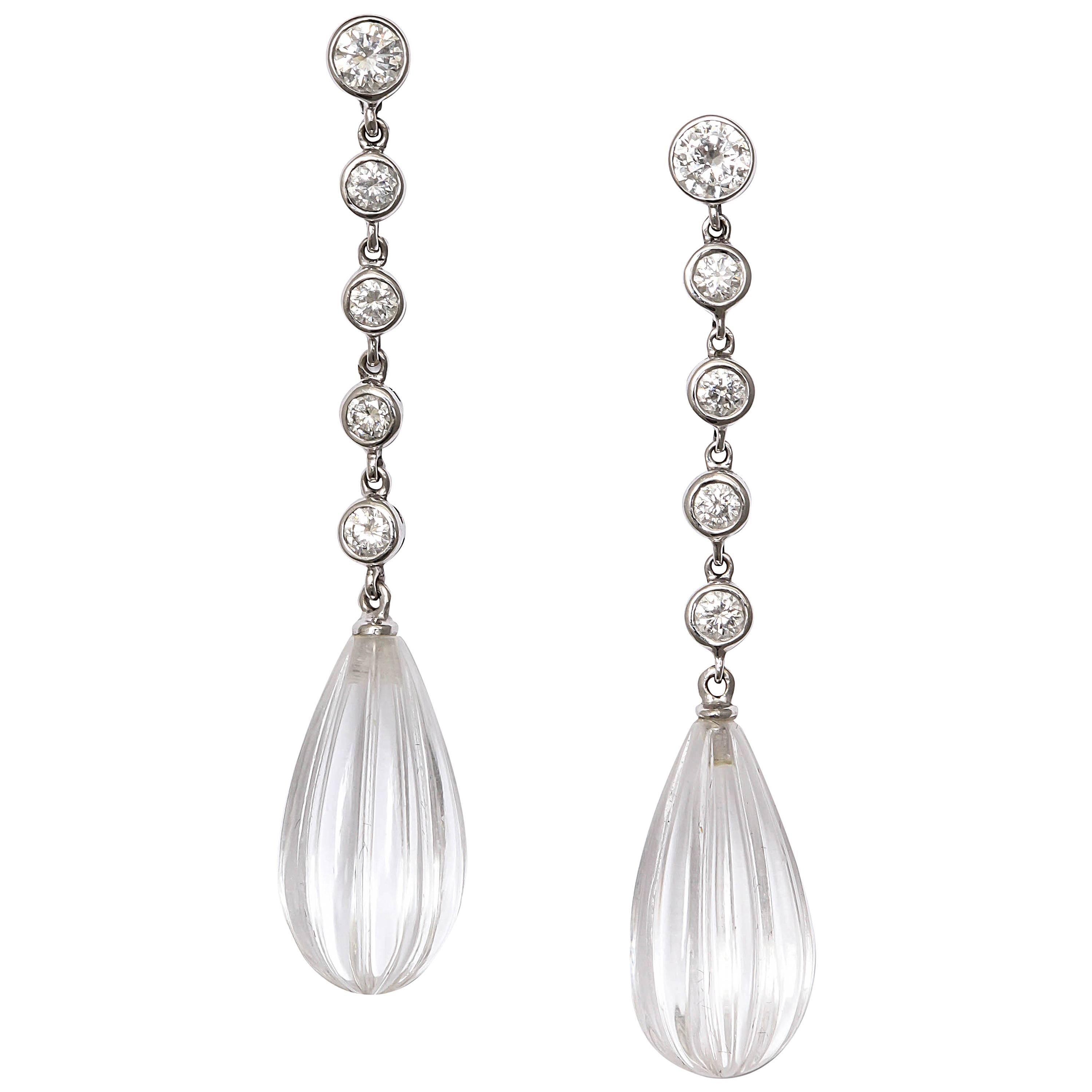 Carved Rock Crystal Bezel set Diamond Gold Drop Earrings