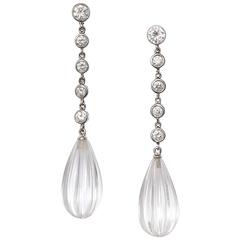 Carved Rock Crystal Bezel set Diamond Gold Drop Earrings