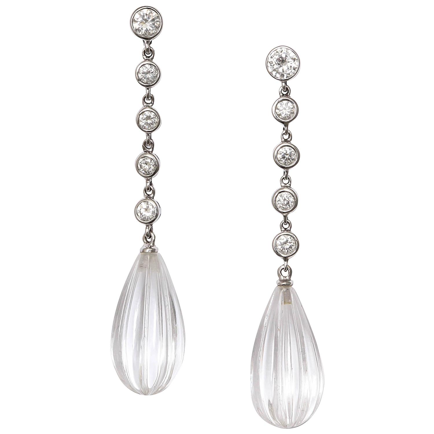 Carved Rock Crystal Bezel Set Diamond Gold Drop Earrings At 1stdibs