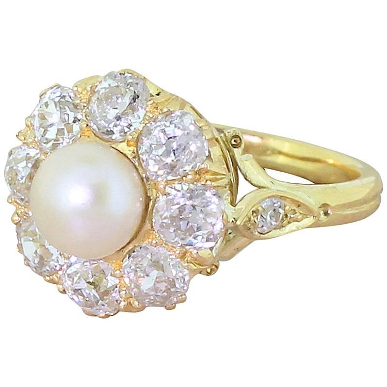 Victorian Natural Pearl Old Cut Diamond Cluster ring For Sale