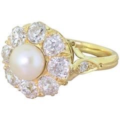 Victorian Natural Pearl Old Cut Diamond Cluster ring