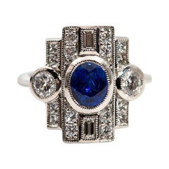 1.18 Carat Blue Oval Natural Sapphire Diamond Platinum Vintage Style Ring