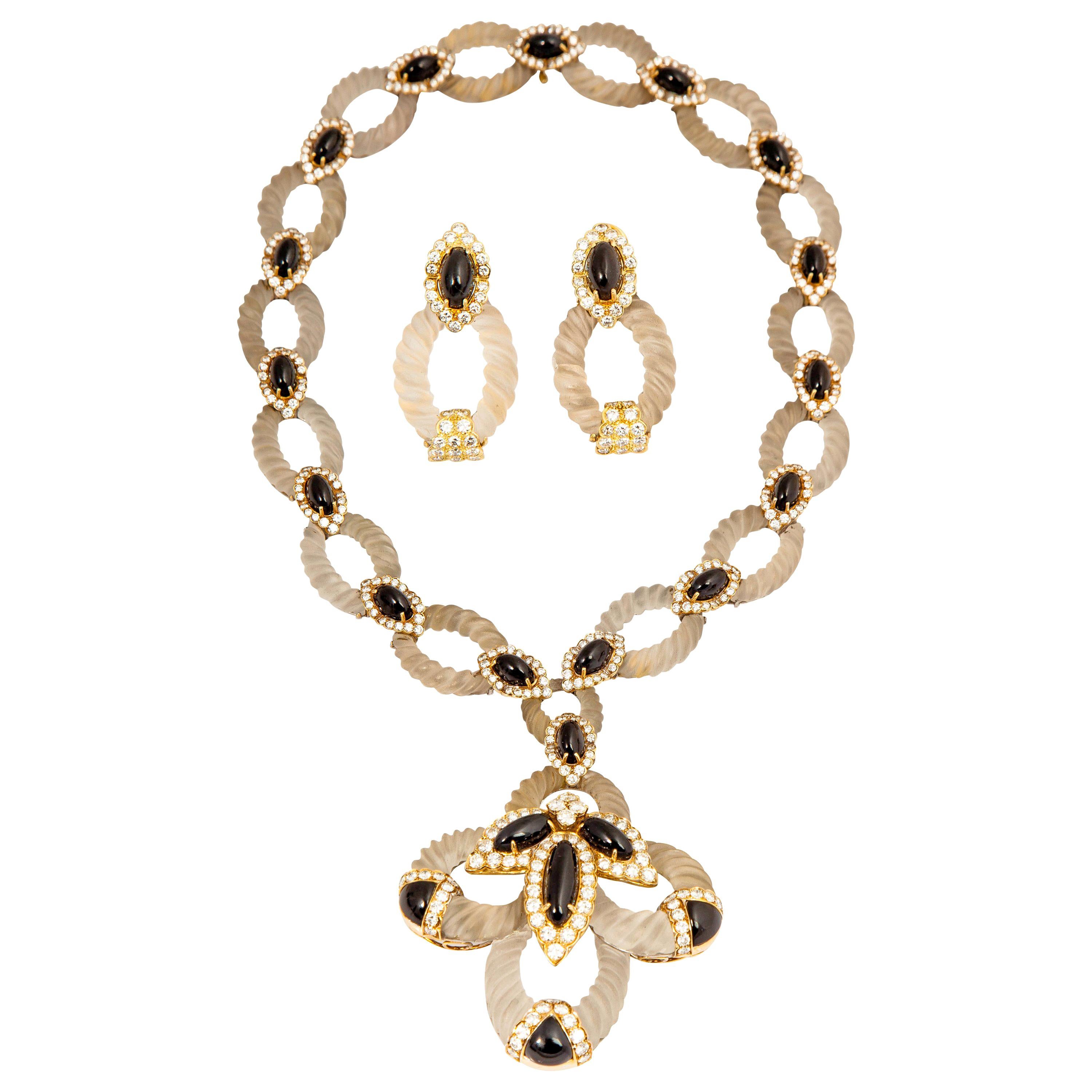 Hammerman Bros Elegant Onyx Crystal Gold Earrings and Necklace