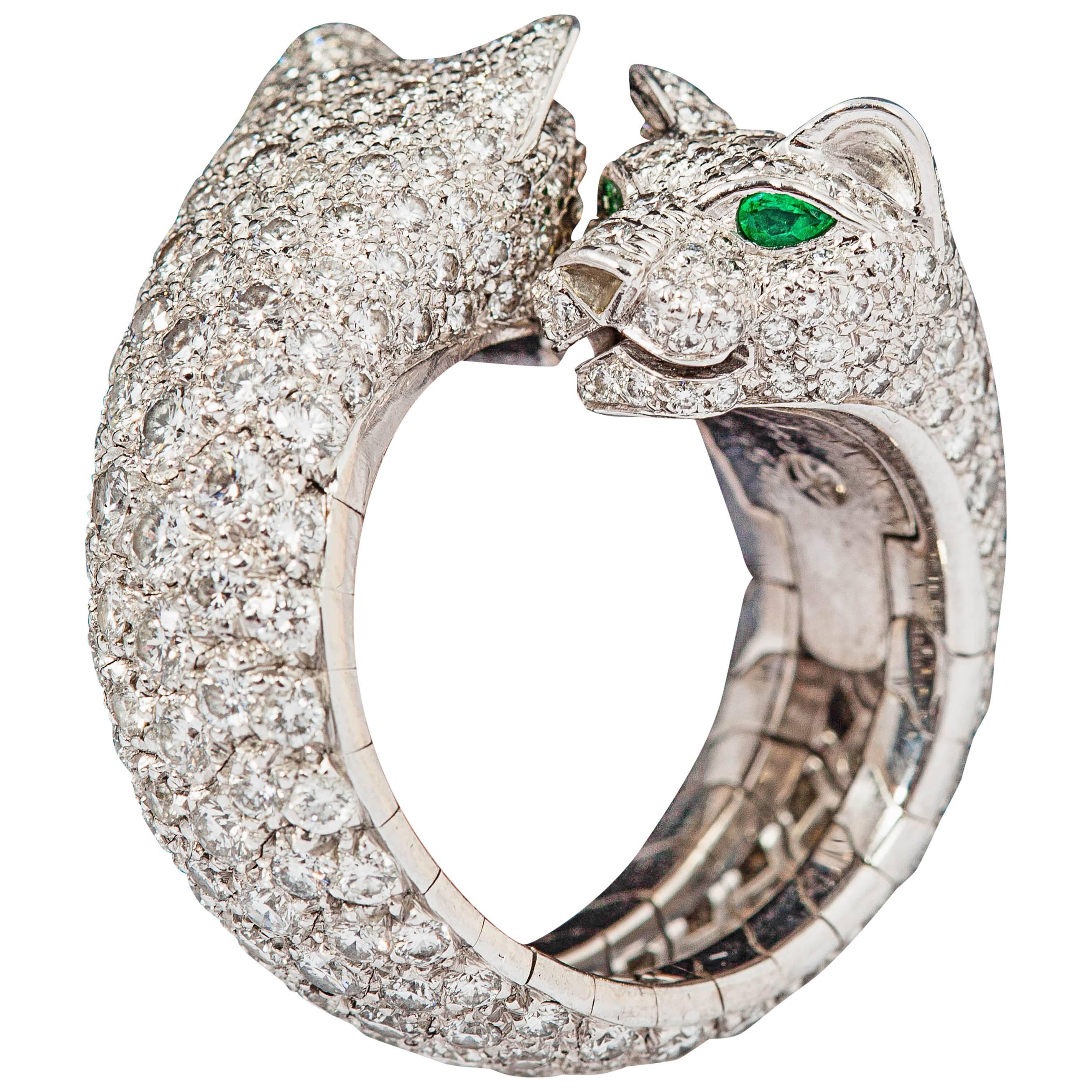 Cartier Stunning double panther emerald diamond gold ring