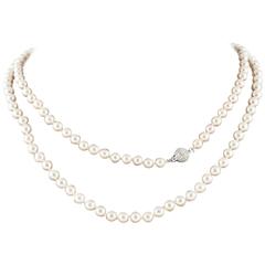 Long Cultured Pearl Necklace to Exceptional Diamond Ball Clasp