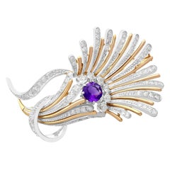 Art Deco 1.01 Carat Amethyst 1.69 Carat Diamond Platinum Yellow Gold Brooch