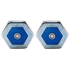 Jona White Diamond Blue Enamel Sterling Silver Cufflinks